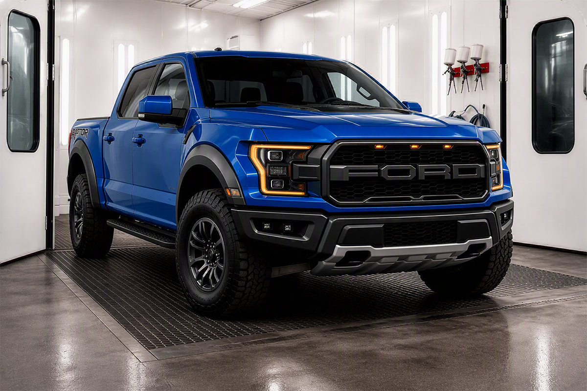 Blue Ford pickup truck in a white garage, angled front view with black off-road trim.