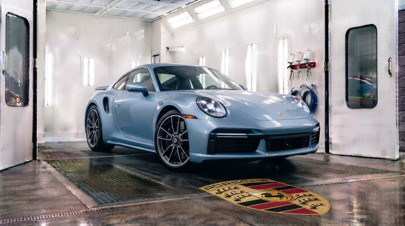Light blue sports car in a white detailing booth, wet floor reflecting the car.