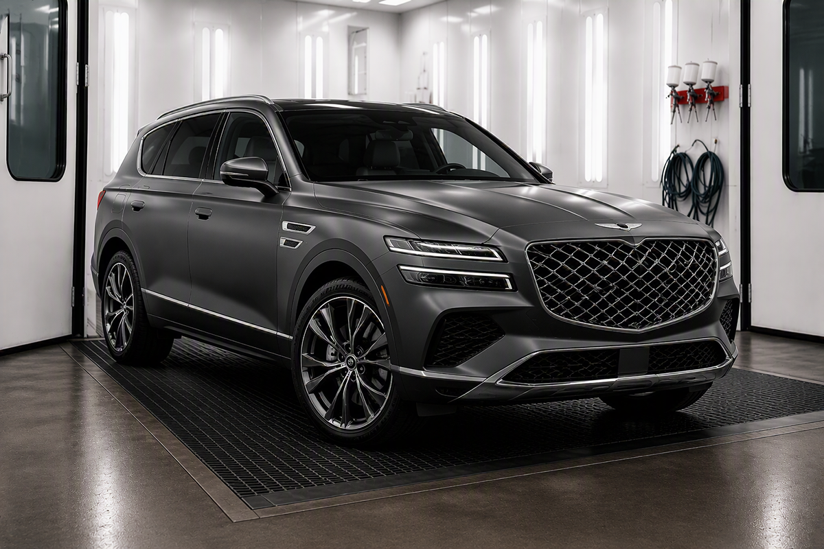 Dark gray SUV parked in a bright showroom with white walls and reflective floor