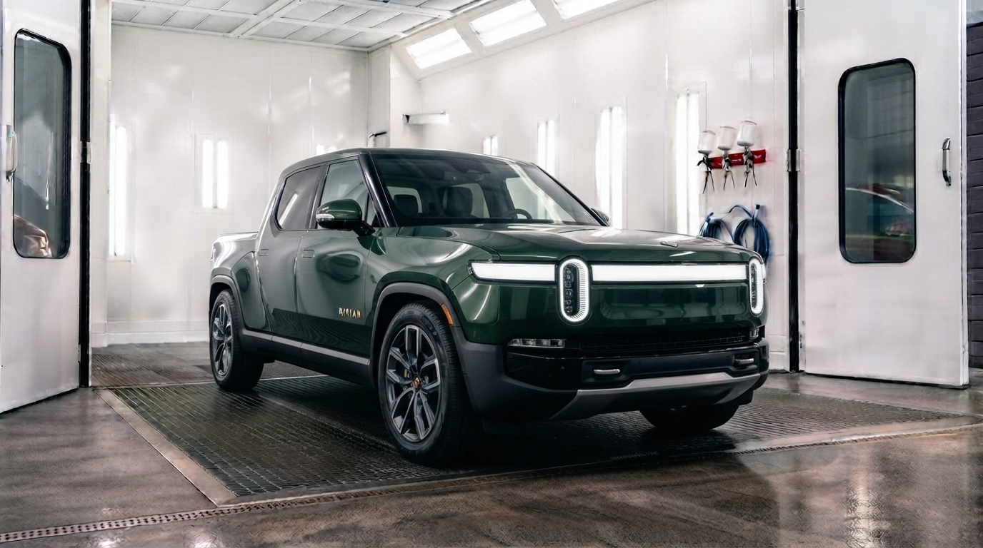Green Rivian electric SUV in a white vehicle spray booth, front view.