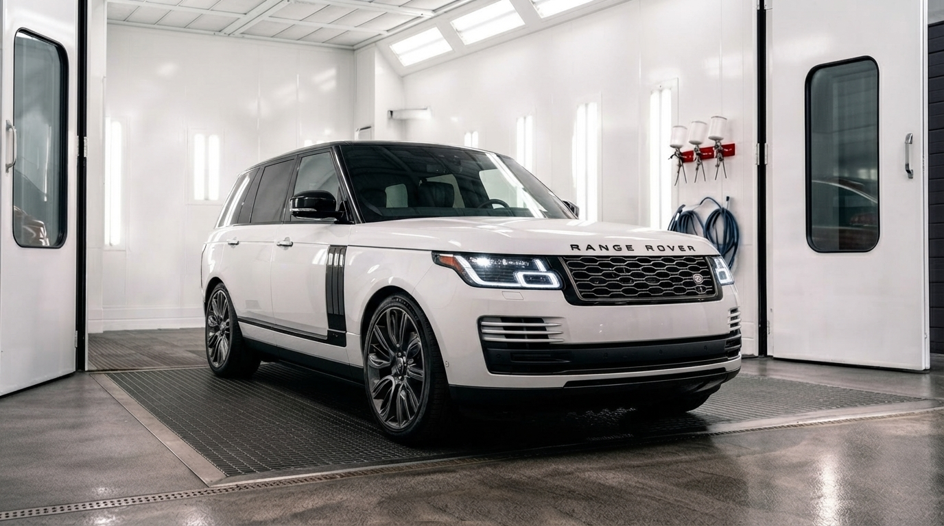 White SUV in a car wash bay with bright lights and wet floor.