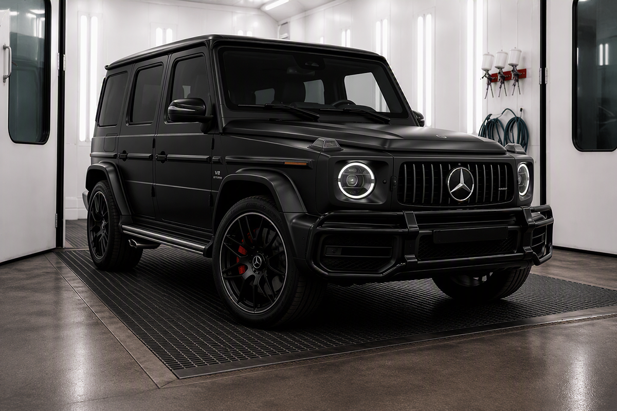 Black Mercedes G-Wagon in a bright car detailing bay, viewed from the front-left side