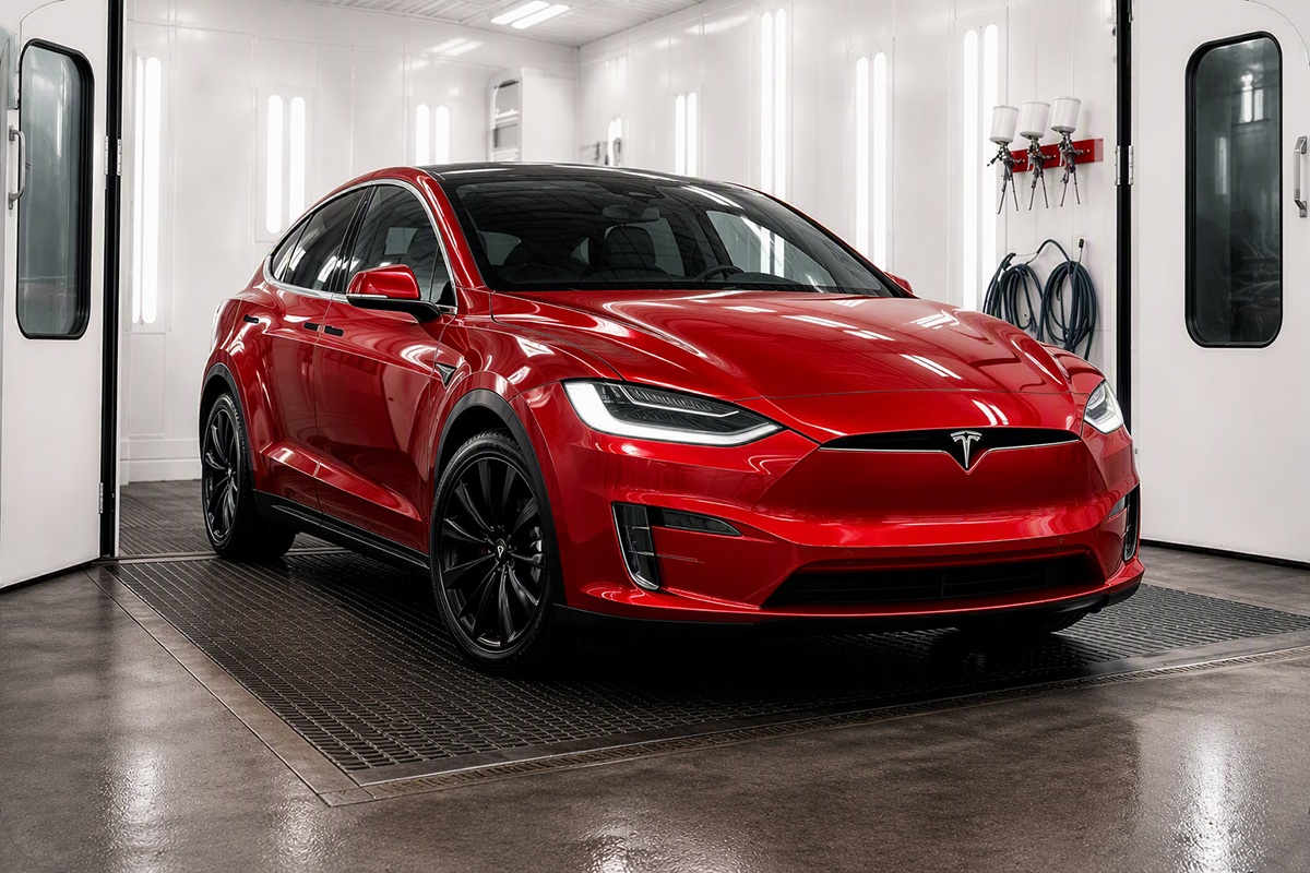 Red Tesla Model Y in a detailing bay with wet floor and bright white walls