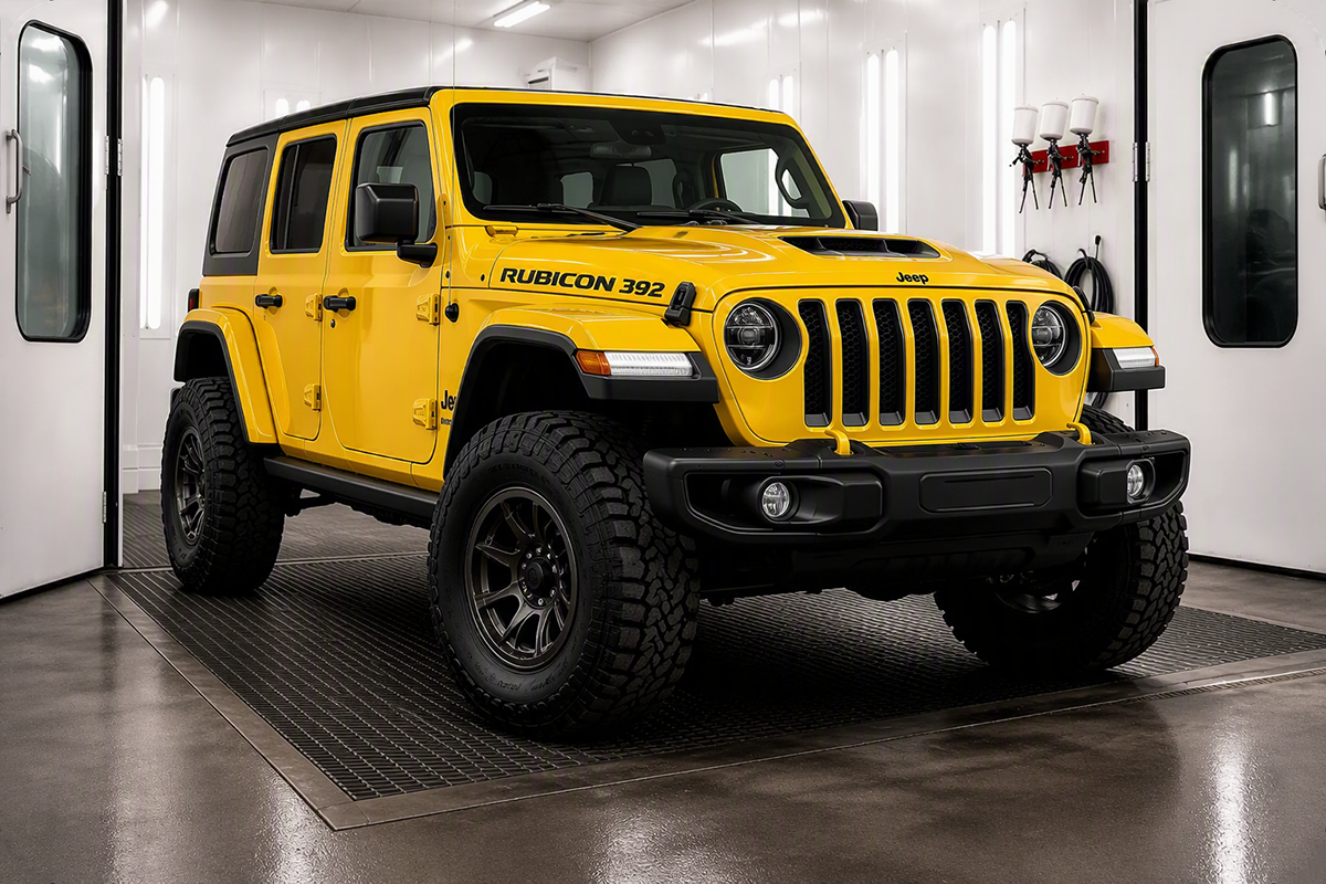Yellow Jeep Wrangler in a white automotive garage, viewed from the front-left side.