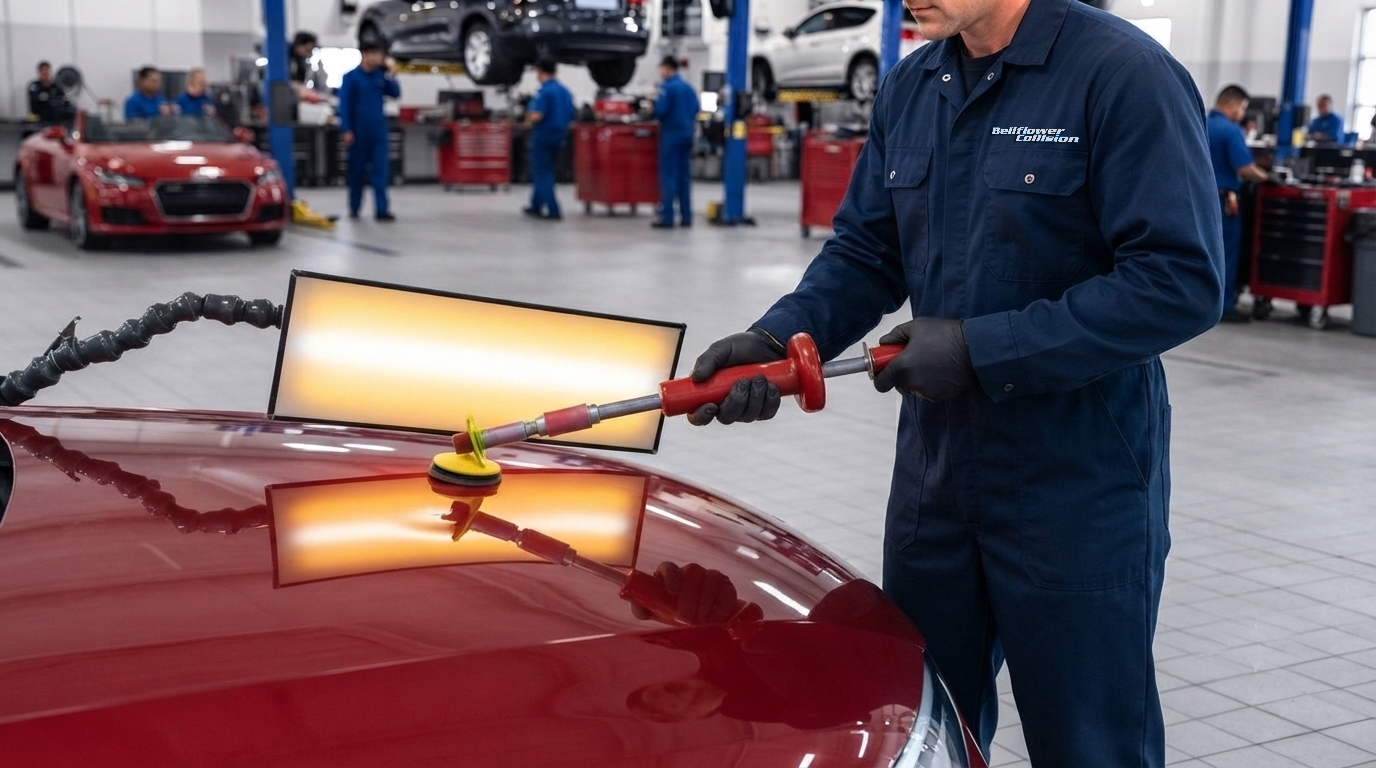 Worker using a suction-cup dent puller on a red car in an auto repair shop