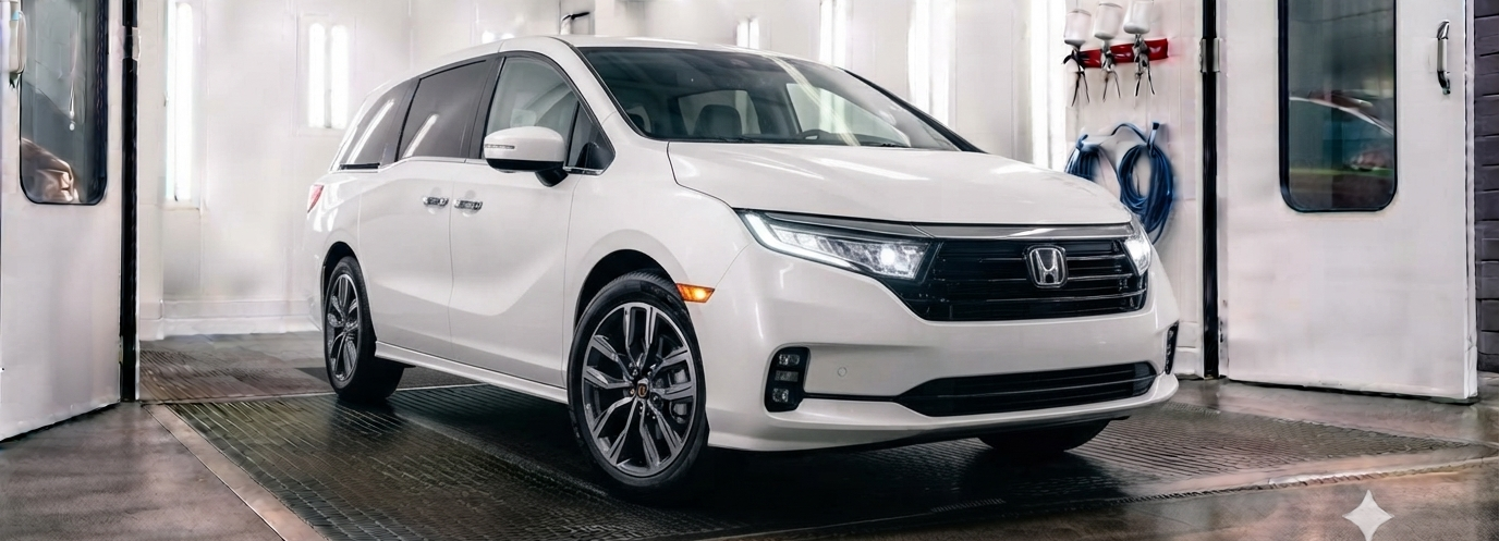 White Honda minivan in a car wash bay, front view, with water on the floor and wash equipment around it
