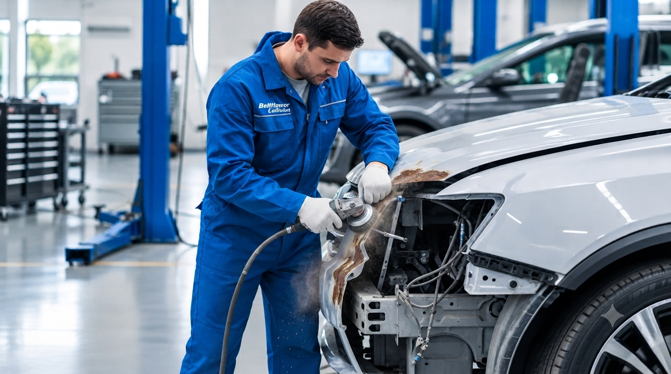 Mechanic in blue coveralls using a grinder to repair the front of a white car in an auto shop