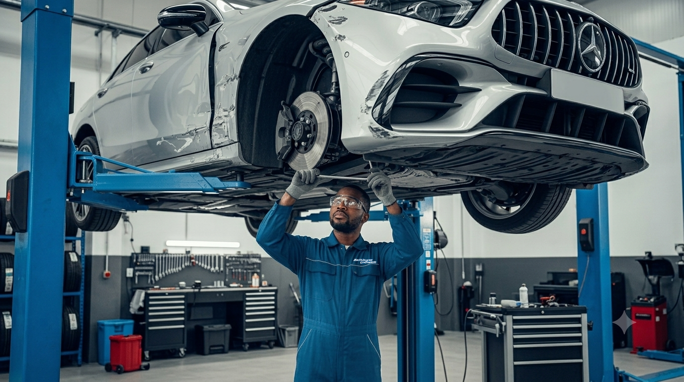 Worker in protective suit spray-painting a red car in a paint booth