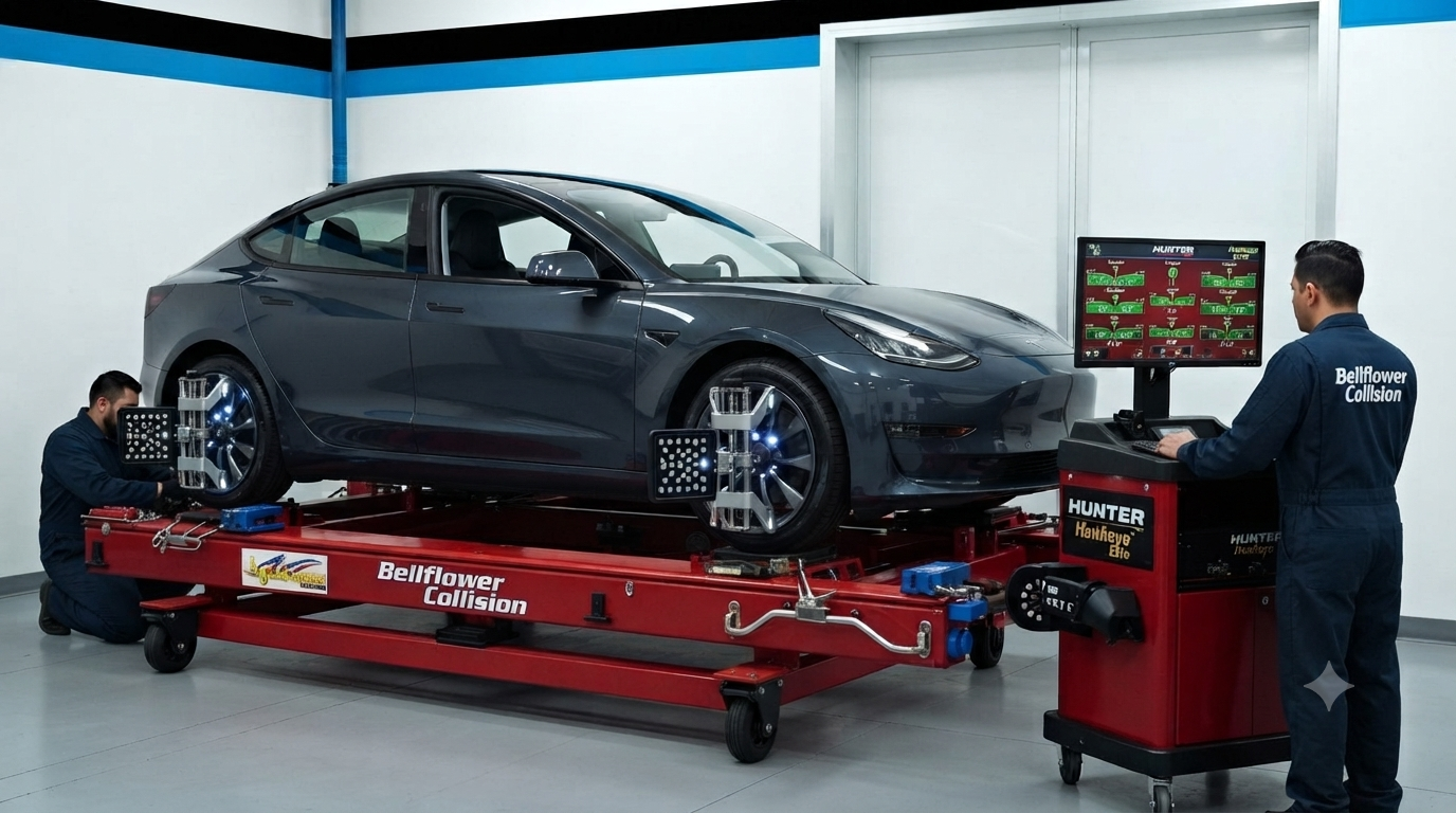 Mechanic polishing a red car’s front fender in an auto body shop