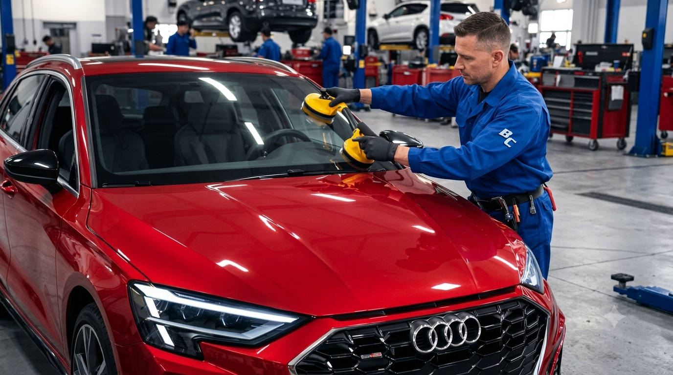 Mechanic polishing a red car’s front fender in an auto body shop