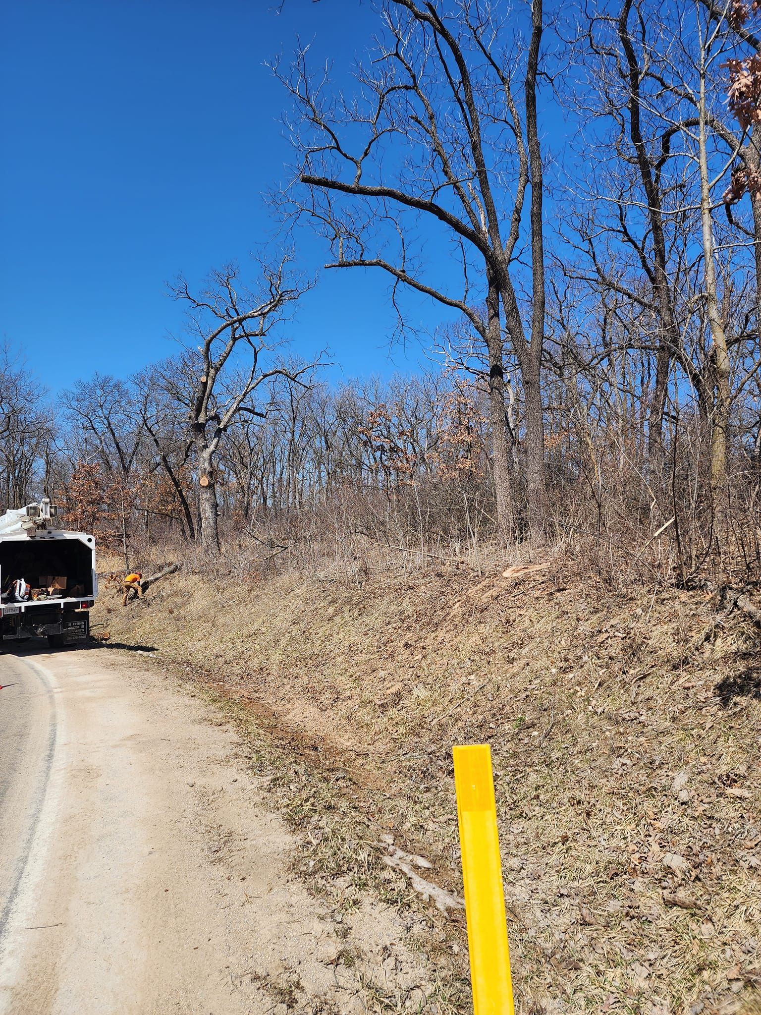 A truck is parked on the side of a dirt road next to a yellow pole.
