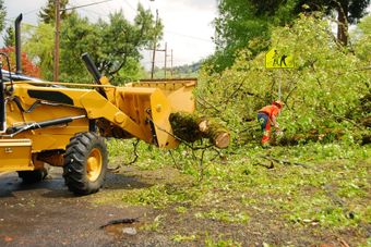 A yellow tractor is pulling a large log in front of a yellow sign