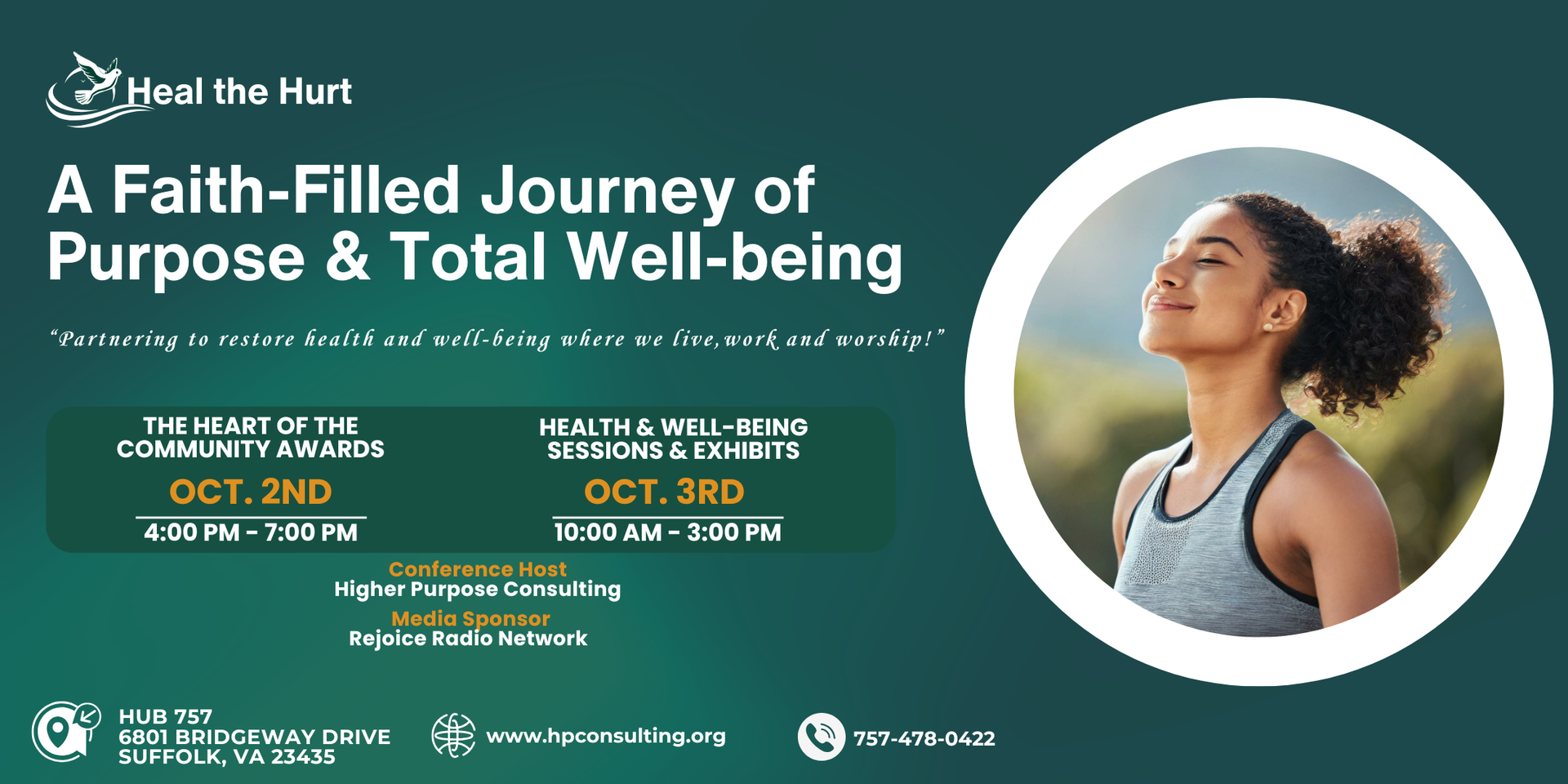 A green flyer for a health and wellness event on Oct 2nd-3rd, featuring a woman outdoors and event details.