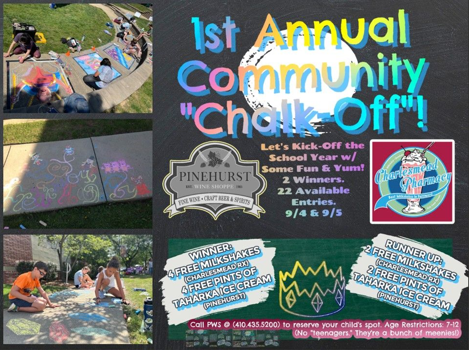 Flyer for 1st Annual Community Chalk Off with colorful chalk art photos and event details on a black background