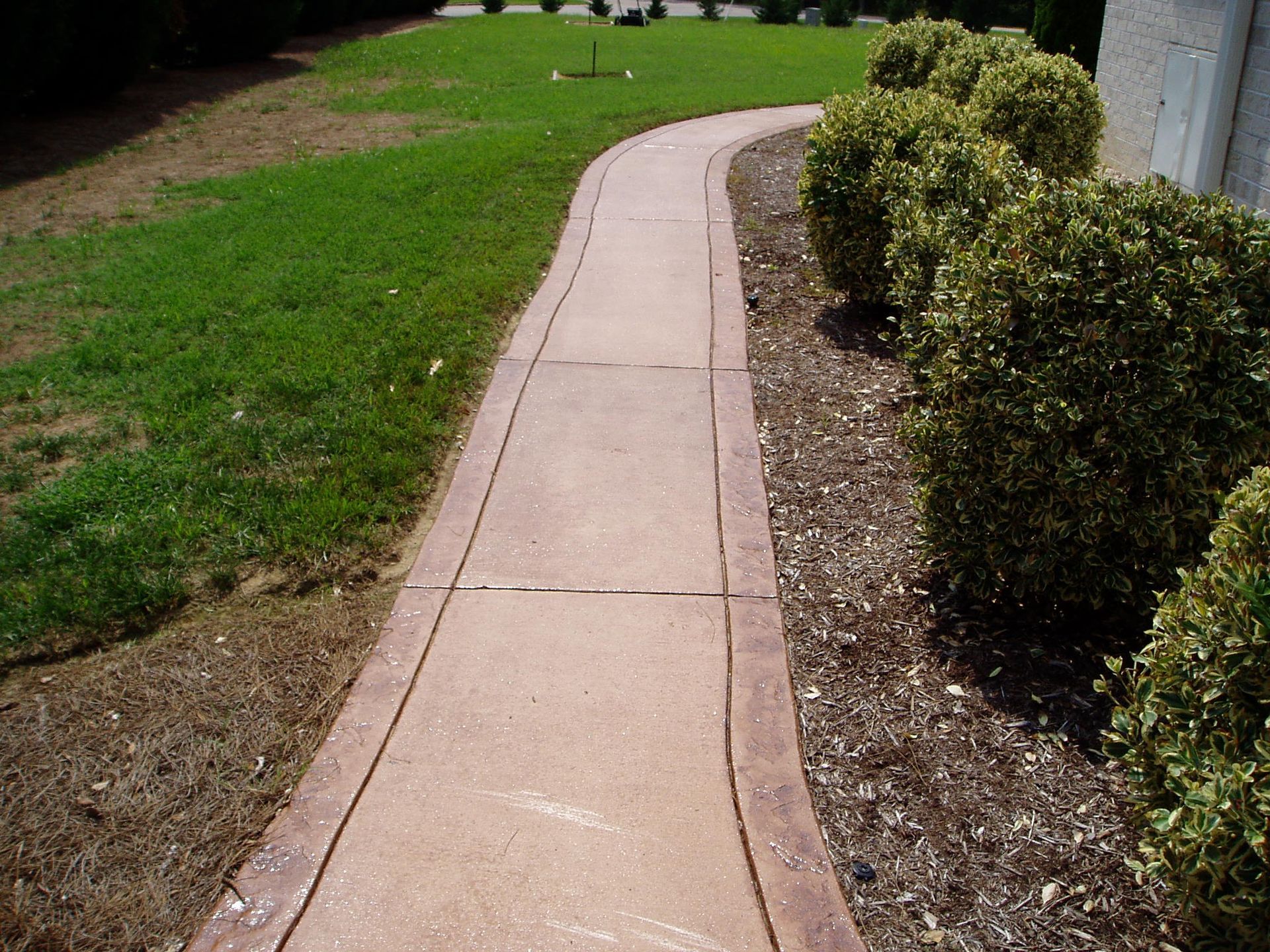 Concrete sidewalk curves through grass and landscaping, brown border.
