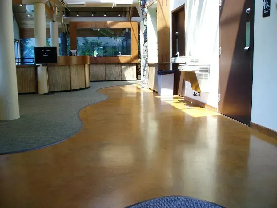 A brightly lit lobby with a curved, polished floor and carpet. A front desk, and doors are visible.