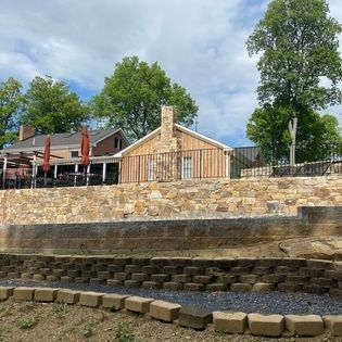 A house with a stone wall surrounding it