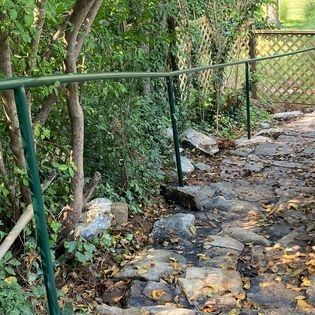 A stone walkway with a green railing surrounded by trees and leaves.