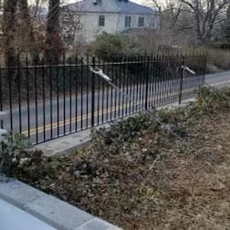 A wrought iron fence surrounds a yard with a house in the background.