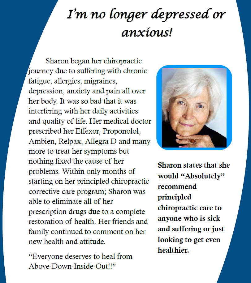 Poster about anxiety relief with smiling elderly woman portrait and quote about holistic, principled chiropractic care