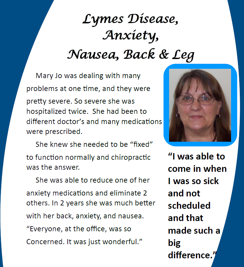 Testimonial flyer about Lyme disease, anxiety, nausea, back and leg pain with a woman’s photo and quote