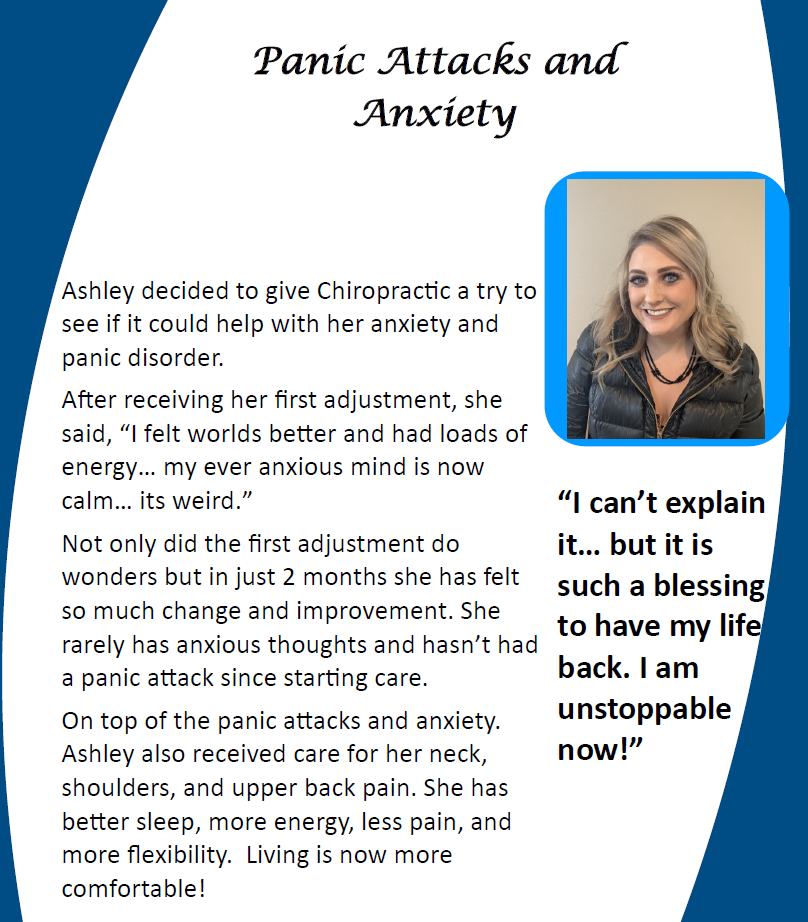 Panic Attacks and Anxiety testimonial card with photo, quote, and blue border