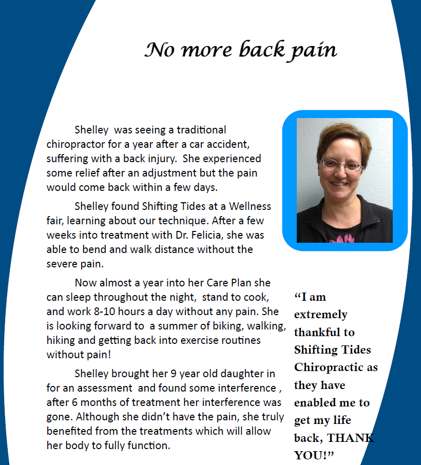 Testimonial flyer with “No more back pain” headline, text, and a woman’s photo in a blue frame