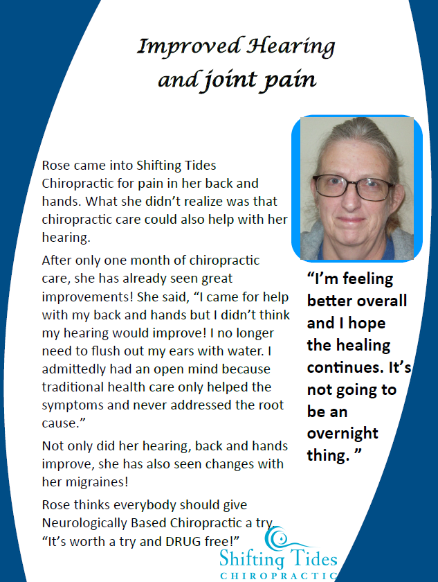 Poster about improved hearing and joint pain, featuring a smiling person and testimonial text