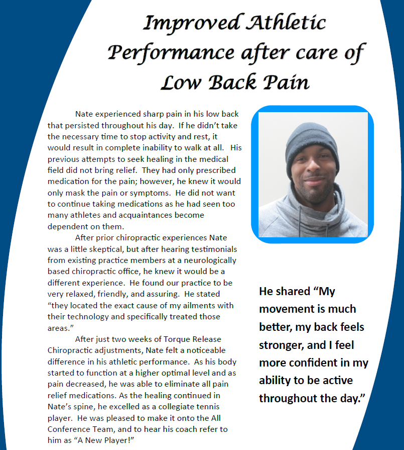 Flyer on improving athletic performance after low back pain with photo and testimonial