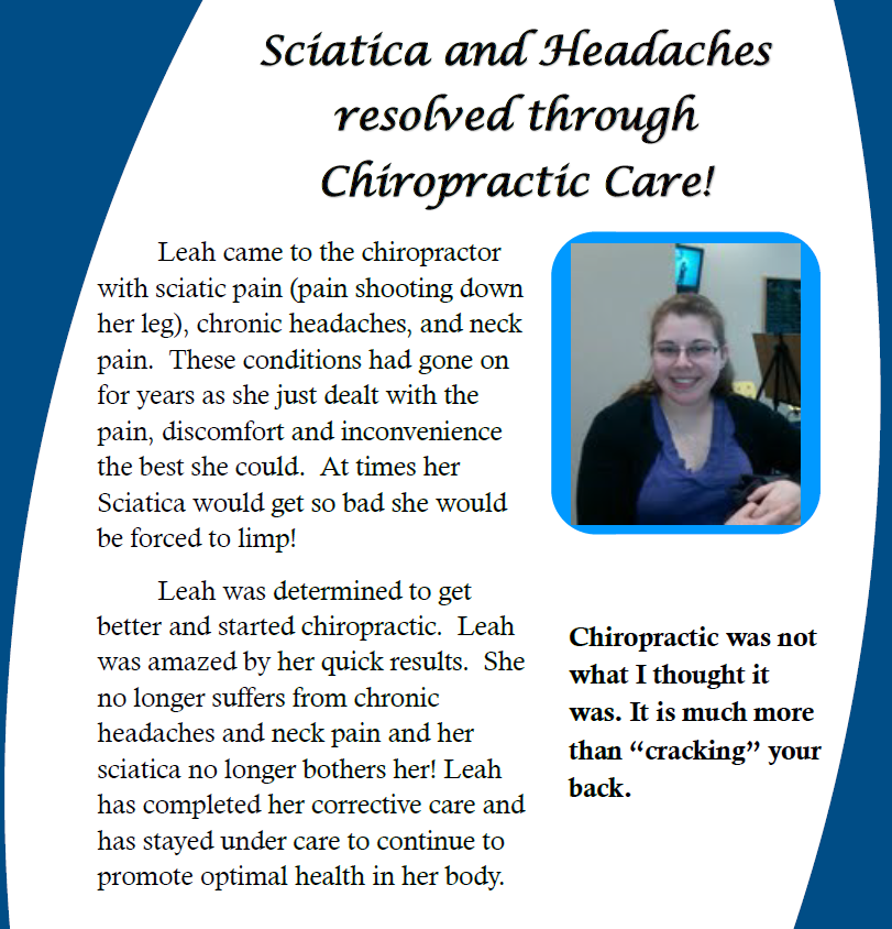 Chiropractic ad with smiling woman portrait and text about sciatica and headaches relieved through care