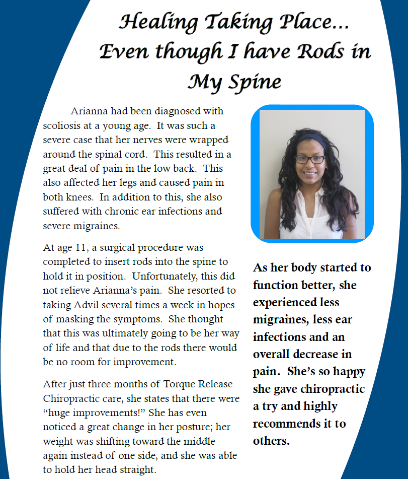 Poster with smiling woman and text about chiropractic care and healing rods in her spine