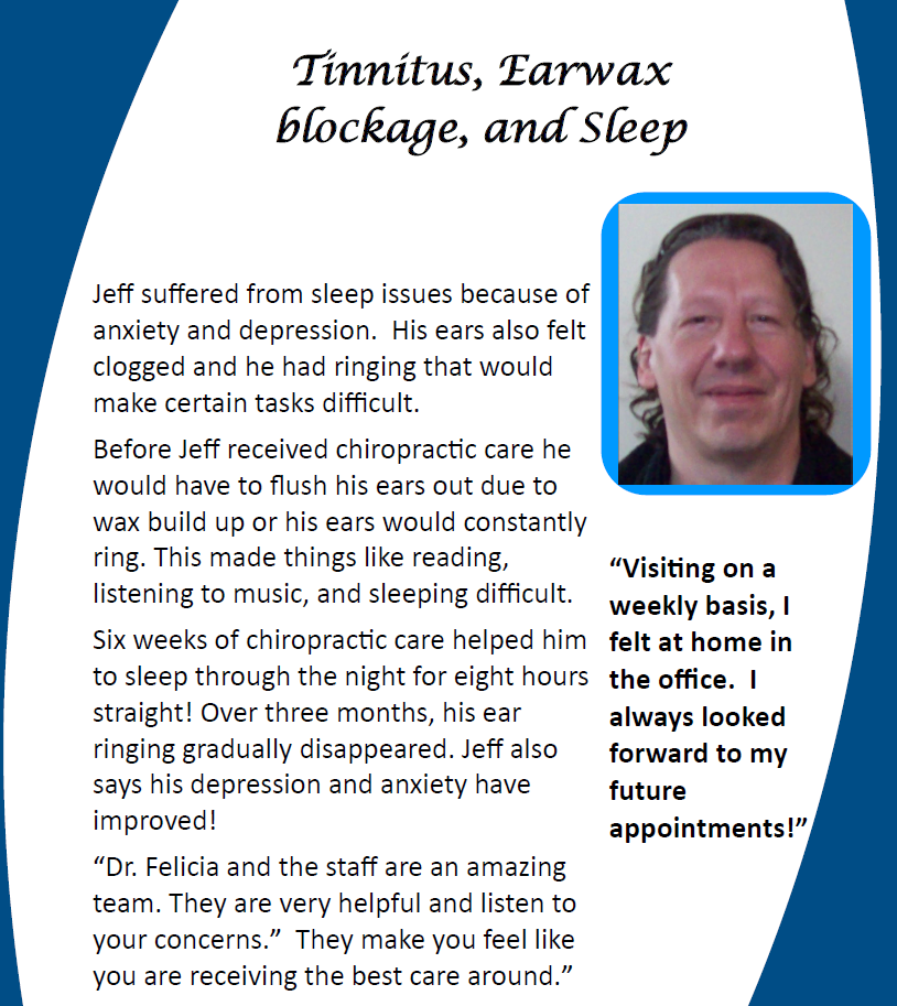 Webpage about tinnitus, earwax blockage, and sleep with photo of a smiling man and testimonial quote