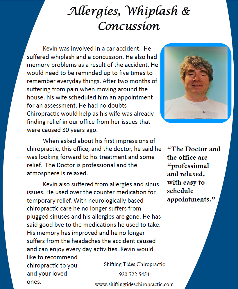 Flyer for concussion and allergy services with blue border, portrait photo, and clinic contact details