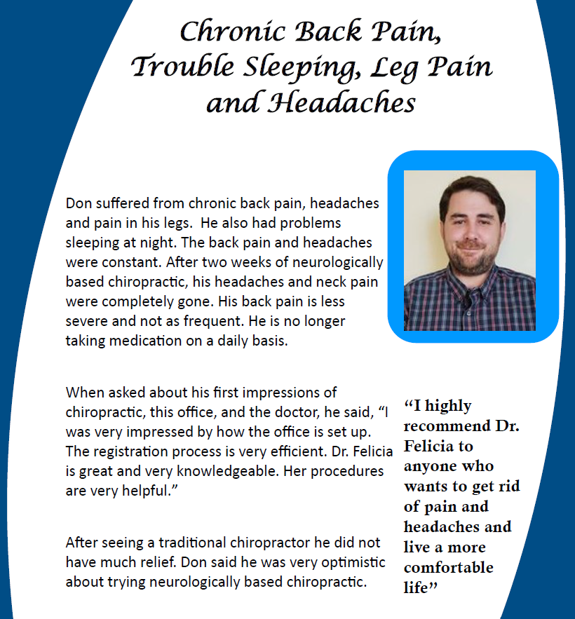 Brochure on chronic back pain, headaches, and sleep trouble with doctor portrait and testimonial quotes