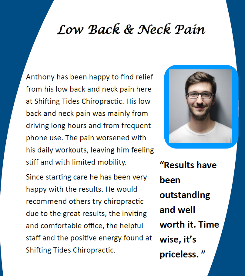 Testimonial ad for Shifting Tides Chiropractic about low back and neck pain relief, with a smiling man and blue accents