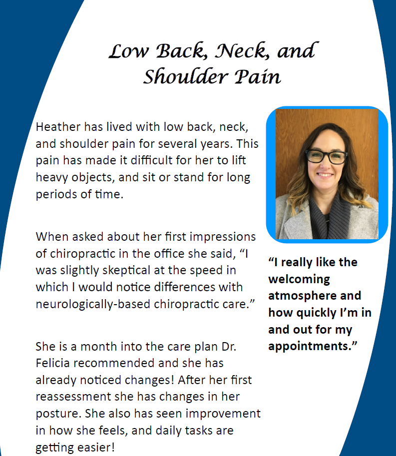 Flyer about low back, neck, and shoulder pain with a testimonial and woman’s portrait