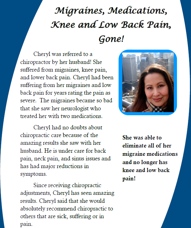 Flyer about migraines, medications, knee and back pain gone, with a woman’s portrait and testimonial text
