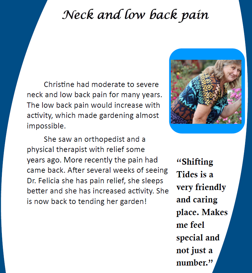 Text slide titled “Neck and low back pain” with a small photo of a smiling woman outdoors and a quote about feeling special and calm
