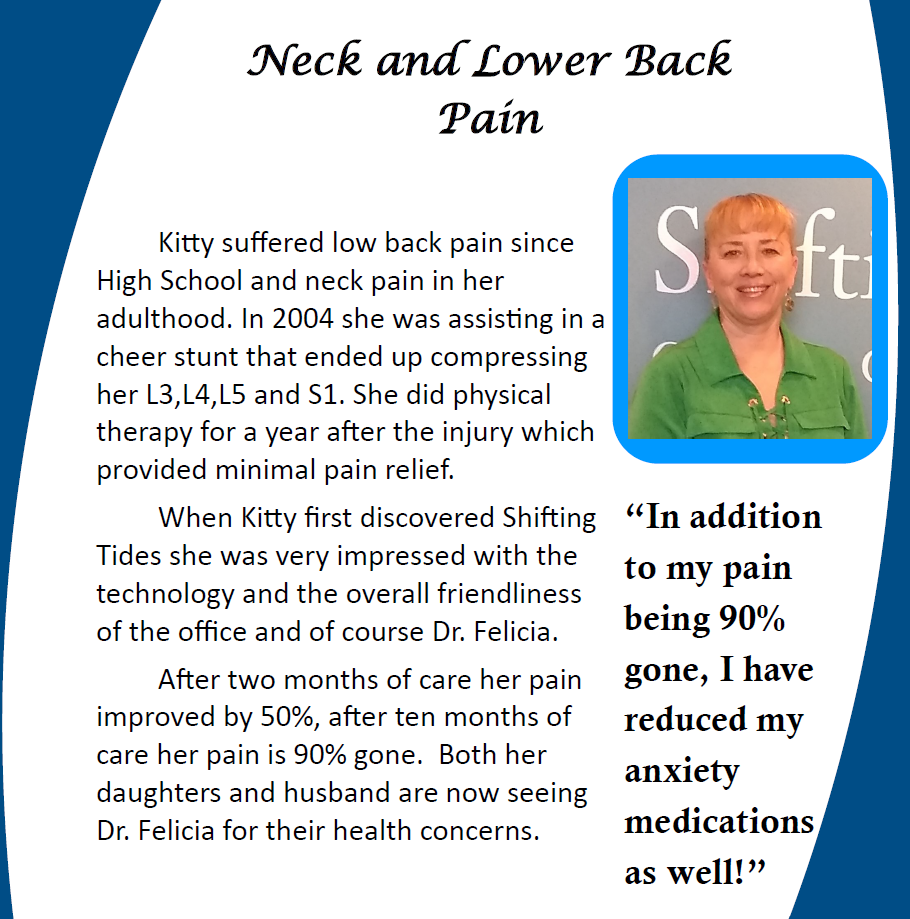 Promotional flyer on neck and lower back pain with doctor photo and testimonial text about reduced anxiety medication use