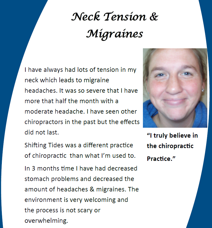 Testimonial poster titled “Neck Tension & Migraines” with text and a smiling woman’s photo, on a blue background