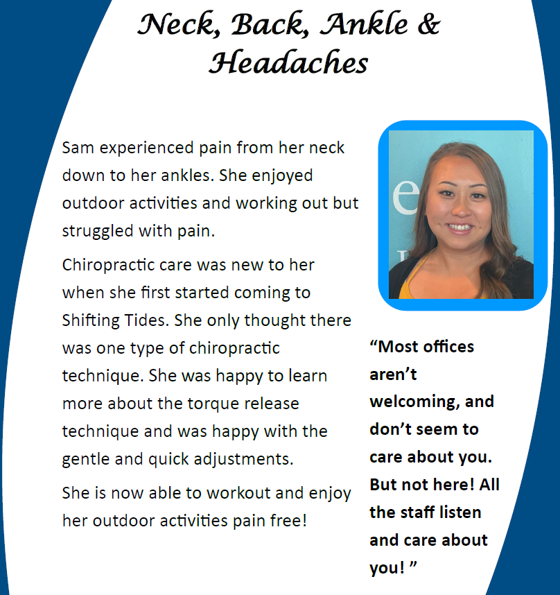 Chiropractic promo with woman portrait, blue/white layout, and text about neck, back, ankle, and headaches relief