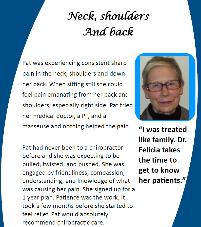 Poster about neck, shoulder and back pain, with a woman’s photo and a patient testimonial quote