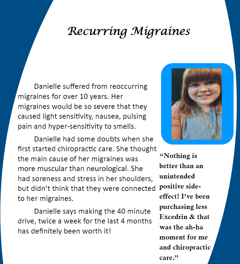 Flyer titled “Recurring Migraines” with woman’s photo and text about chiropractic care easing symptoms