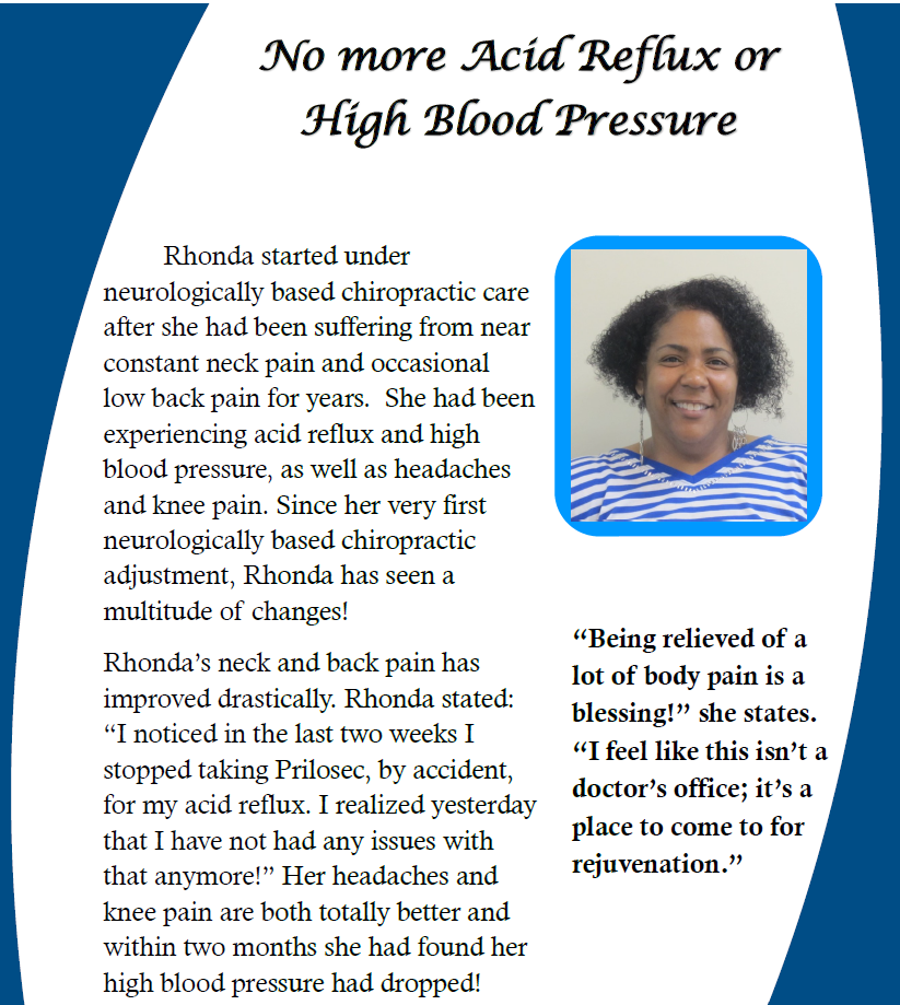 Flyer about chiropractic care for acid reflux and high blood pressure, with patient photo and testimonial quote
