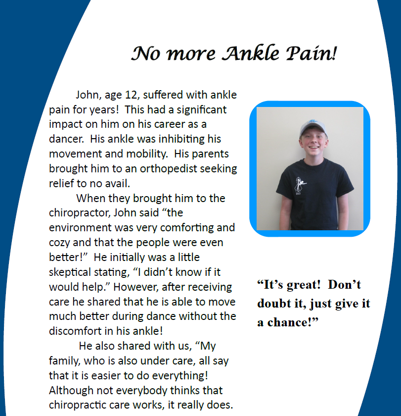 Poster titled “No more Ankle Pain!” with a boy’s photo and testimonial text about orthopedics helping his ankle pain