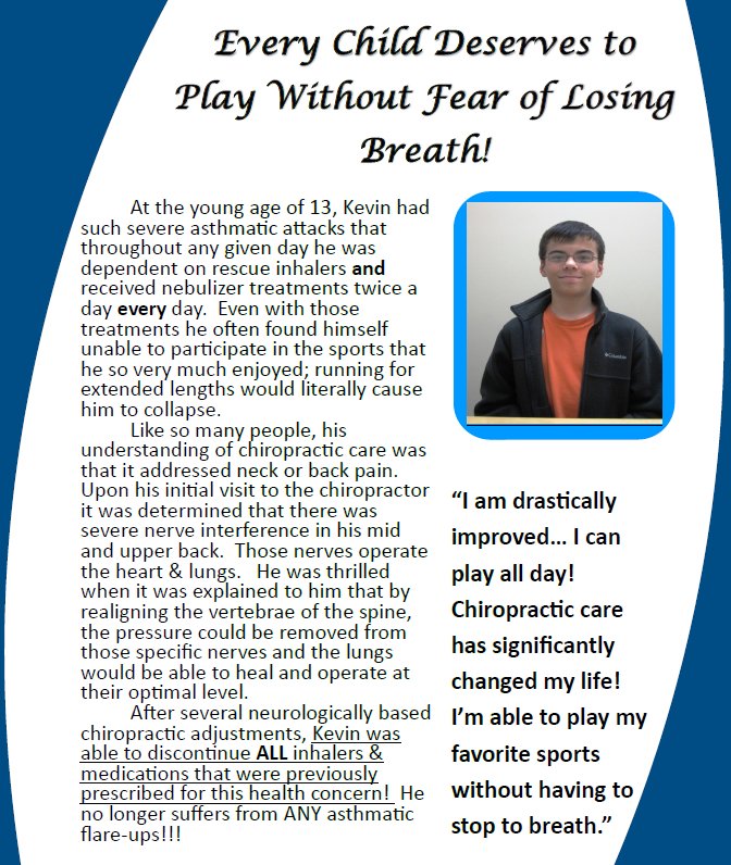 Flyer about chiropractic care helping a teen breathe, move, and play sports without pain