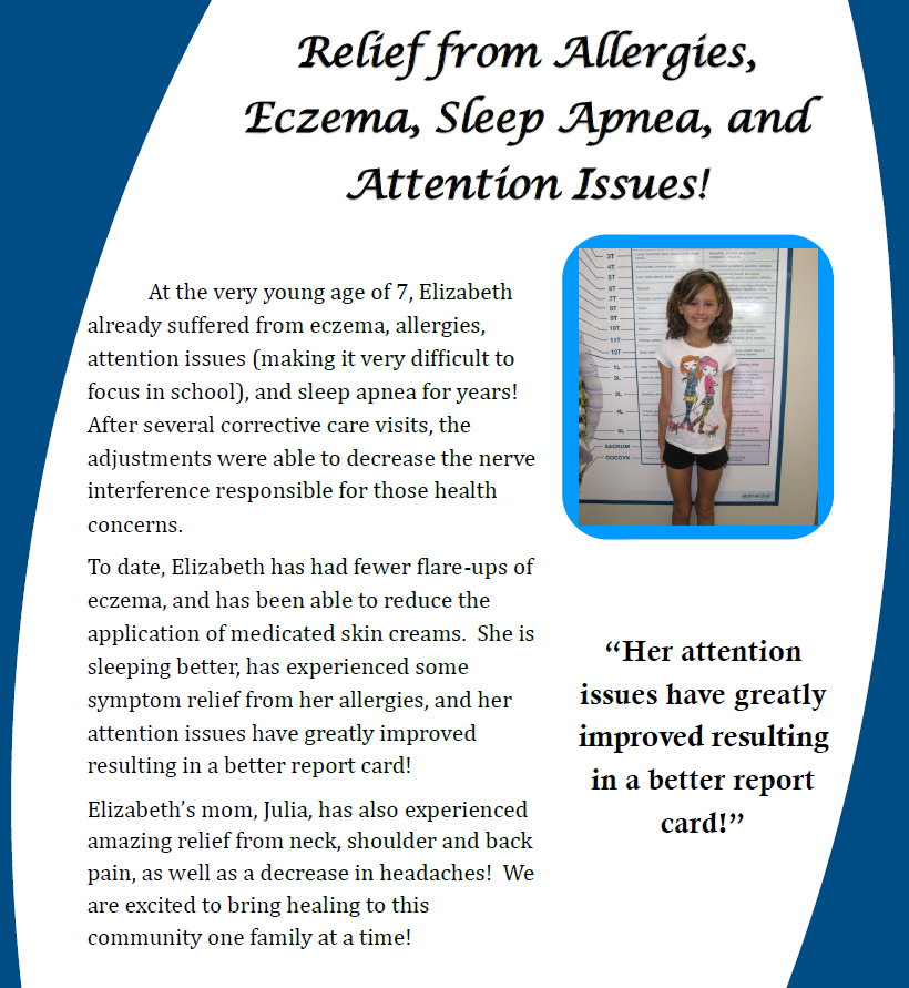 Blue-and-white ad for a child’s allergy eczema sleep treatment, with before-and-after photo and testimonial quote
