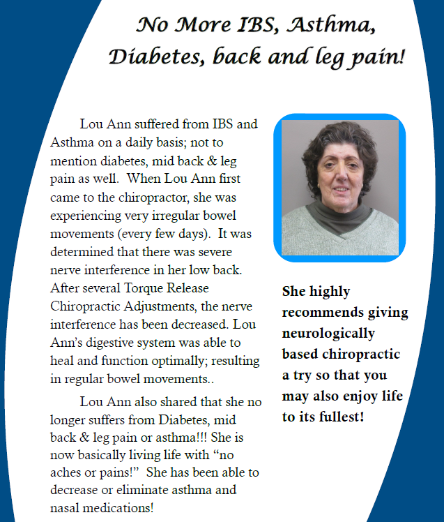 Flyer about chiropractic relief for IBS, asthma, diabetes and back pain, with a woman’s portrait