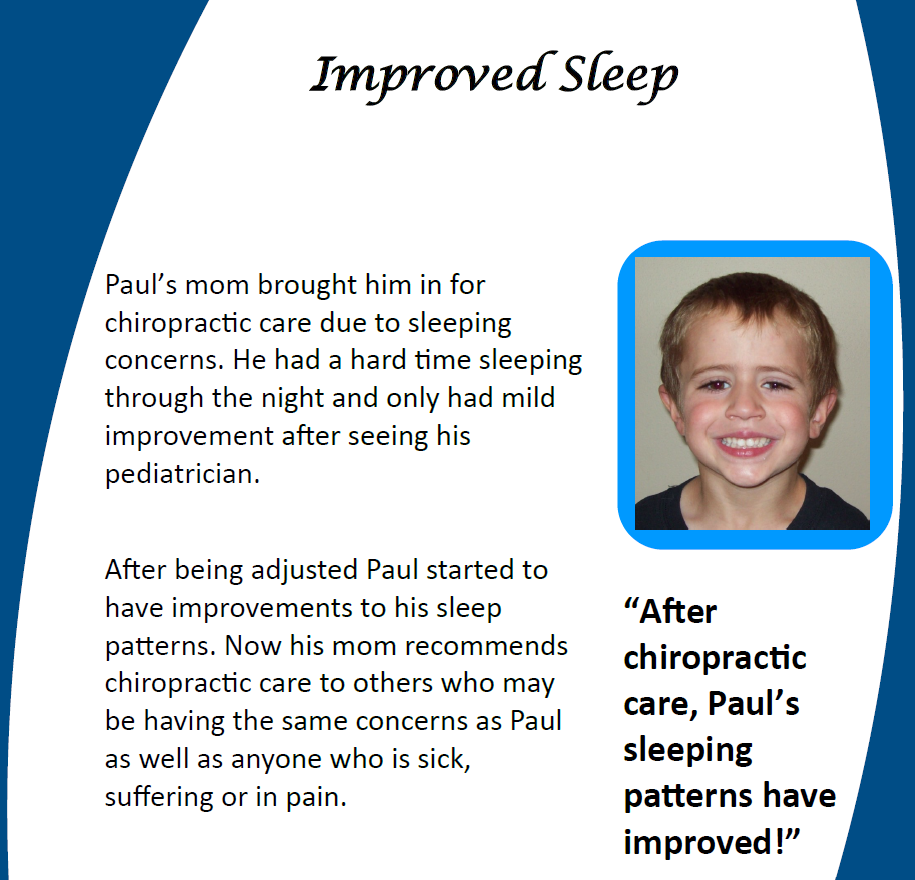Poster titled “Improved Sleep” with text about chiropractic care and a child’s smiling photo beside a testimonial.