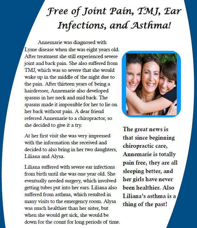 Informational flyer about amaranthene relief for joint pain, TMJ, ear infections, and asthma with smiling women photo